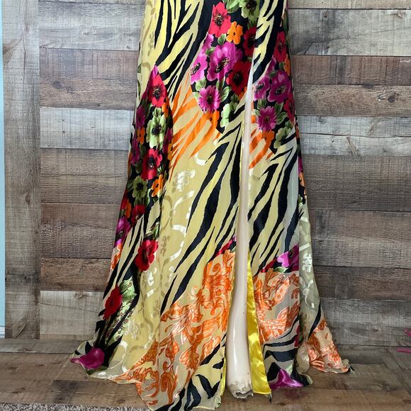 Paris Tony Bowls Yellow Floral Tiger Plunging Neck Sequin Silk Gown Dress Size 8 - Picture 5 of 14